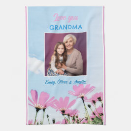 Cute Kärlek du Grandma Rosa Flowers Photo Kökshandduk