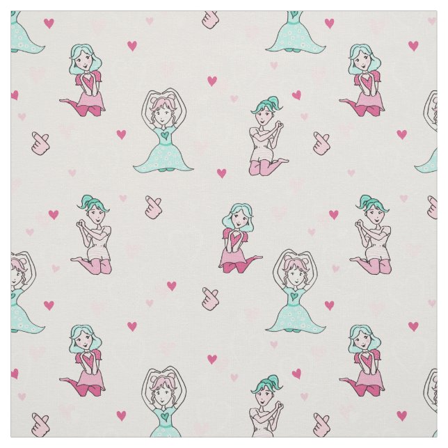 Cute Kärlek Girls Rosa Teal Whimsical Tecknad Tyg (Provkarta)