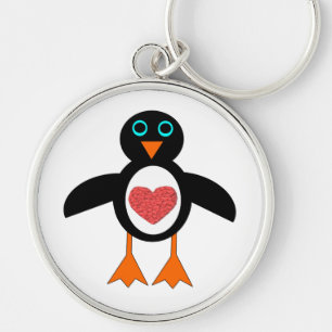Cute Kärlek Heart Penguin Keychain Rund Silverfärgad Nyckelring