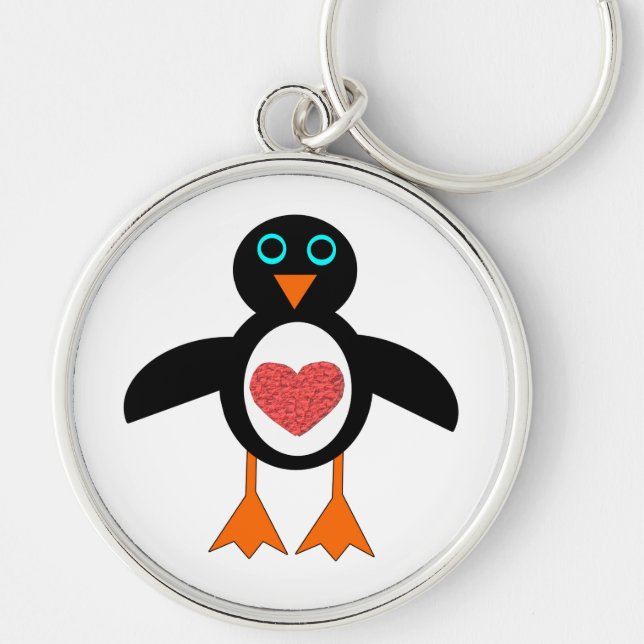 Cute Kärlek Heart Penguin Keychain Rund Silverfärgad Nyckelring (Framsidan)