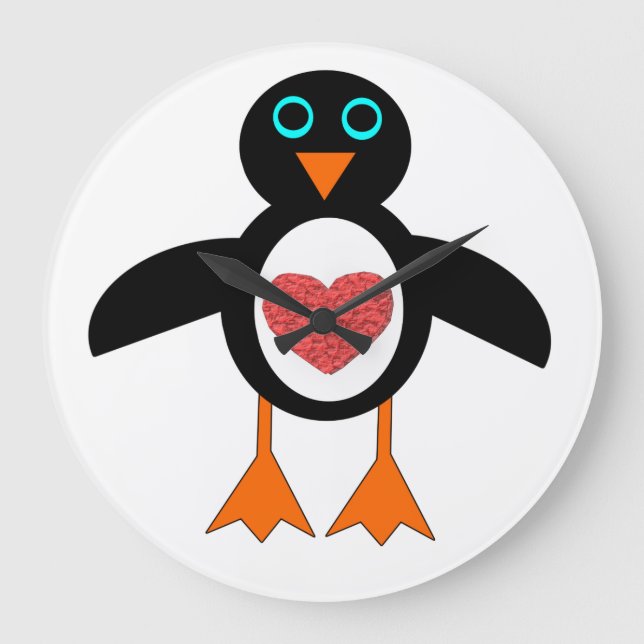 Cute Kärlek Heart Penguin Wall Clock Stor Klocka (Framsida)