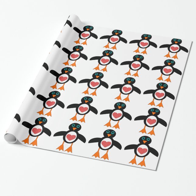 Cute Kärlek Heart Penguin Wrapping Papper Presentpapper (Utrullad)