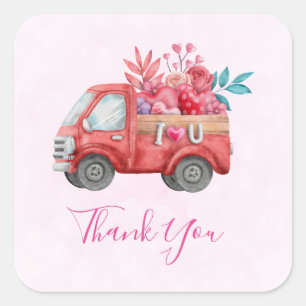 Cute Kärlek Lastbil Hearts & Flowers Cargo Tack Fyrkantigt Klistermärke