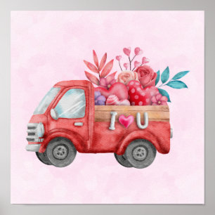 Cute Kärlek Lastbil med bärvästar och blommor Poster