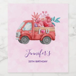 Cute Kärlek Lastbil med Cargo Watercolor Birthday Vinflaska Etikett