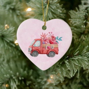 Cute Kärlek Lastbil med hjärtklastad vattenfärg Julgransprydnad Keramik