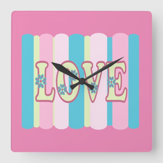 Cute Kärlek Quote Feminine Pastel Rosa Gult Blue Fyrkantig Klocka (Framsida)