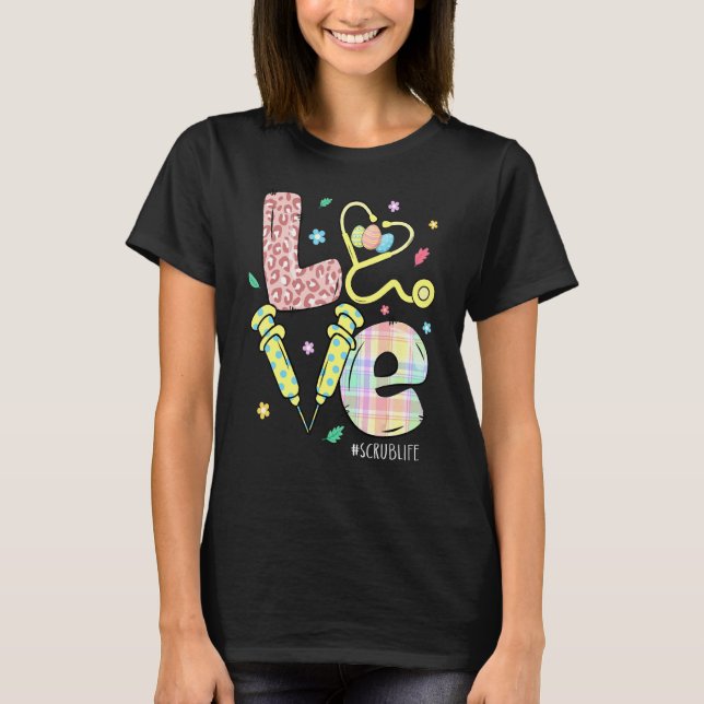 Cute Kärlek SCrub Life Nurses Stethoscope Leopard  T Shirt (Framsida)