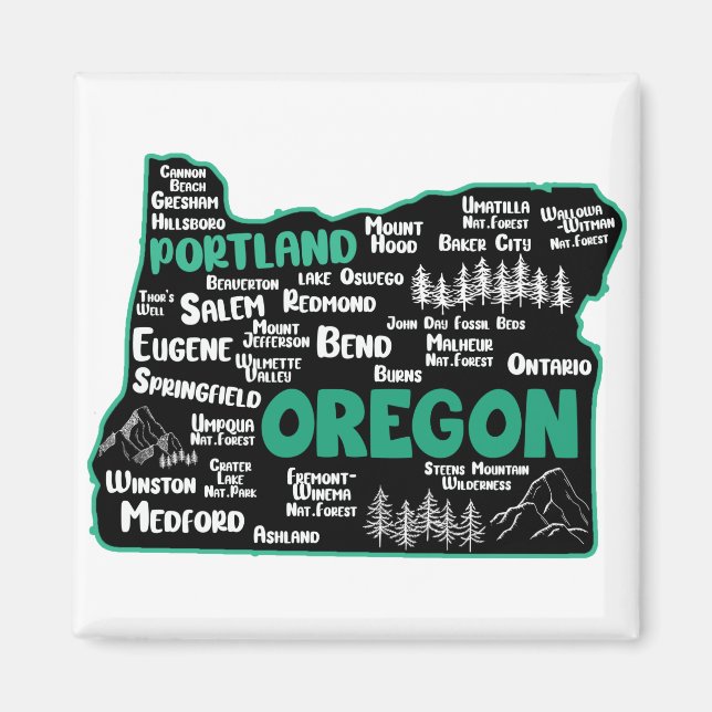 Cute karta i Oregon, Portland, Salem, Eugene Magnet (Framsidan)