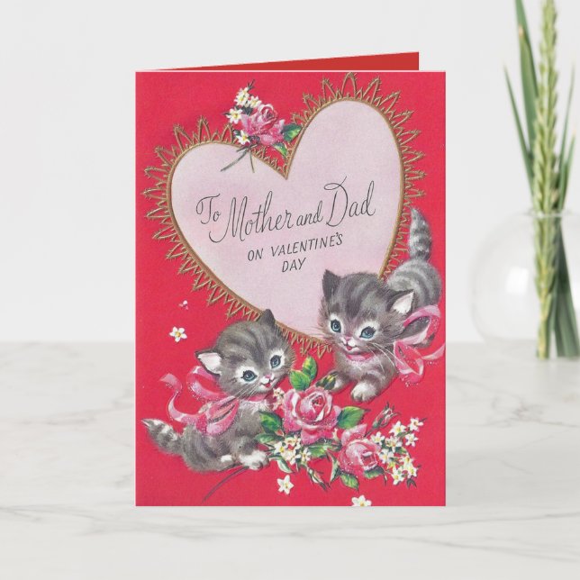 Cute Kattens Alla hjärtans dag Wish for Mamma & Pa Helgkort (Framsida)