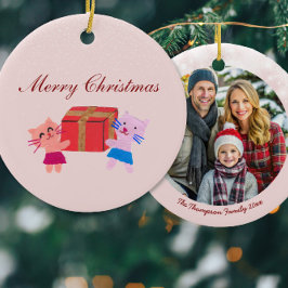 Cute-katter med presentlåda baby rosa julfoto julgransprydnad keramik