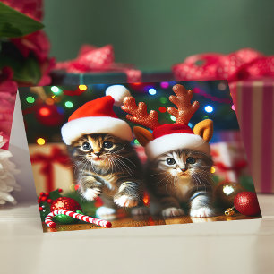 Cute kattungar med Jultomten och renhattar 4 Tack Kort