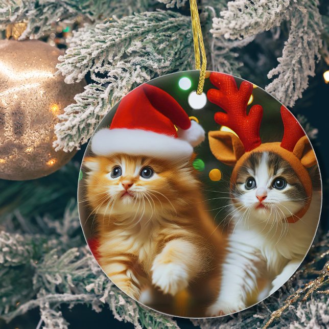 Cute kattungar med Jultomten och renhattar Julgransprydnad Keramik (Skapare uppladdad)