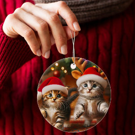 Cute kattungar med Jultomten och renhattar Julgransprydnad Keramik