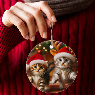 Cute kattungar med Jultomten och renhattar Julgransprydnad Keramik