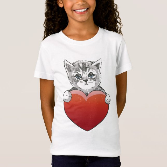 Cute Kattunge Ansikte Cat Red Heart T Shirt (Framsida)