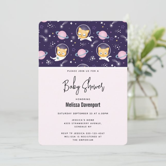 Cute Kattunge Astronauts Mönster Baby Shower Inbjudningar (Stående Fram)