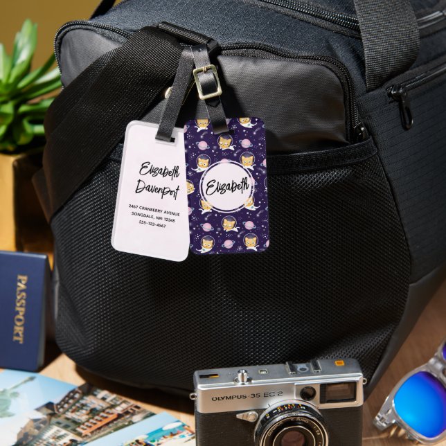 Cute Kattunge Astronauts Mönster Bagagebricka (Fram & Baksida)