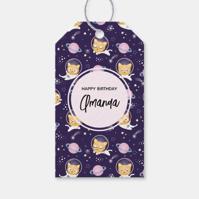 Cute Kattunge Astronauts Mönster Birthday Presentetikett (Framsidan)