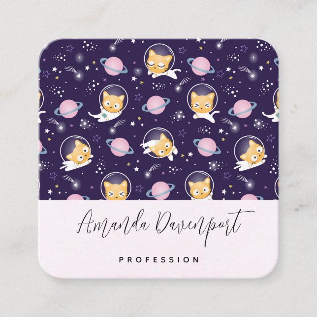 Cute Kattunge Astronauts Mönster Fyrkantigt Visitkort (Framsida)