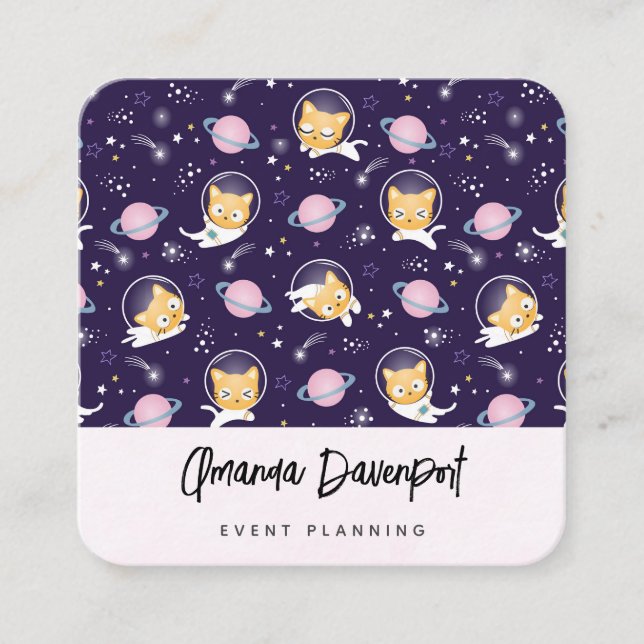 Cute Kattunge Astronauts Mönster Fyrkantigt Visitkort (Framsida)