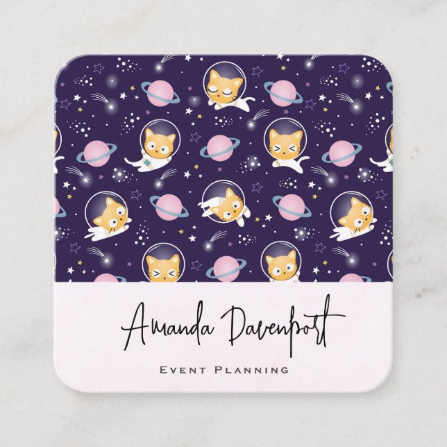 Cute Kattunge Astronauts Mönster Fyrkantigt Visitkort (Framsida)