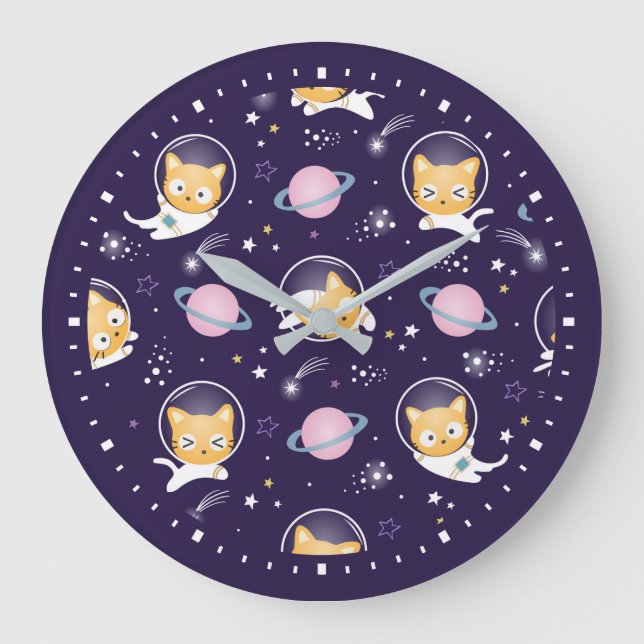 Cute Kattunge Astronauts Mönster Stor Klocka (Framsida)