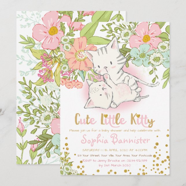 Cute Kattunge Baby Shower Girl-inbjudan Inbjudningar (Fram/baksida)