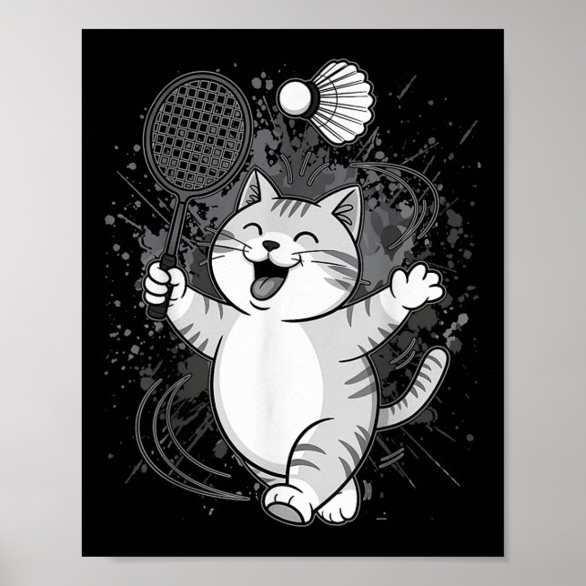 Cute Kattunge Badminton Player Shuttle Poster (Framsidan)
