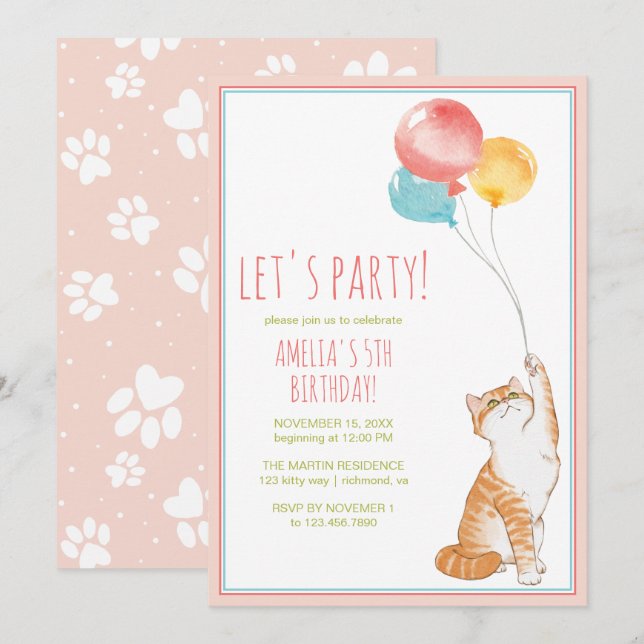 Cute Kattunge-ballonger | Roligt Rosa Girls Birthd Inbjudningar (Fram/baksida)