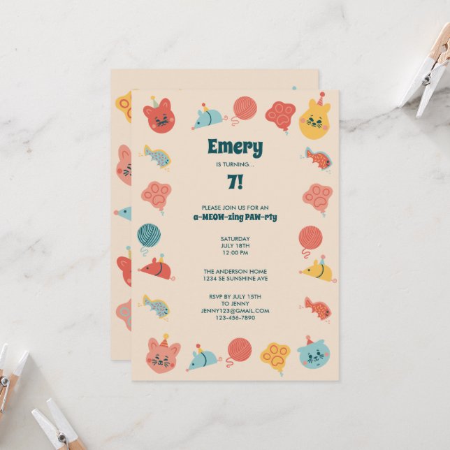 Cute Kattunge Barns Födelsedagsfest Inbjudningar (Fram/Back In Situ)