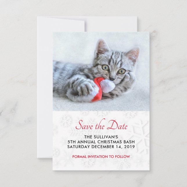 Cute Kattunge Biting a Red Santa Hat Save Date Spara Datumet (Framsida)