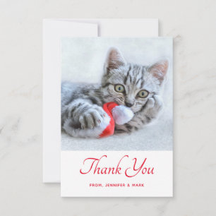 Cute Kattunge Biting a Red Santa Hat Tack Kort