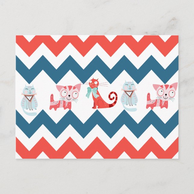Cute Kattunge Blue Coral Chevron Rand Mönster Vykort (Framsida)