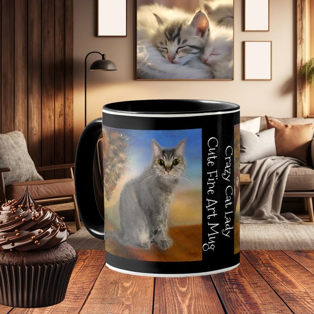 Cute Kattunge Fine Art Mugg (Cute mug featuring a painting of a grey kitty cat in a colorful landscape scene)