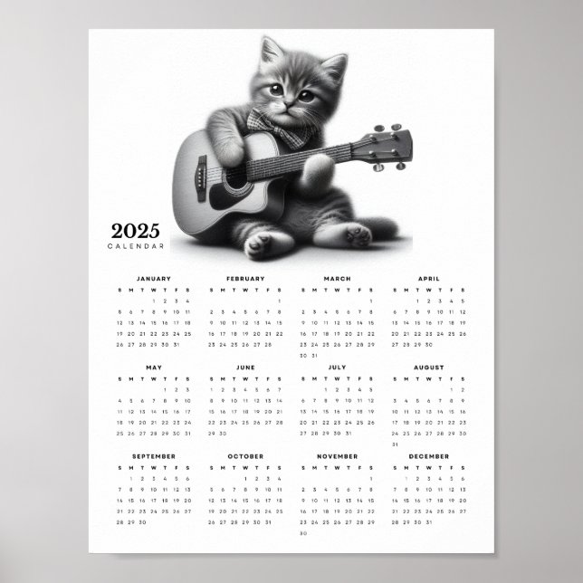 Cute Kattunge Guitarist i Bow Tie 2025 Calendar Poster (Framsidan)