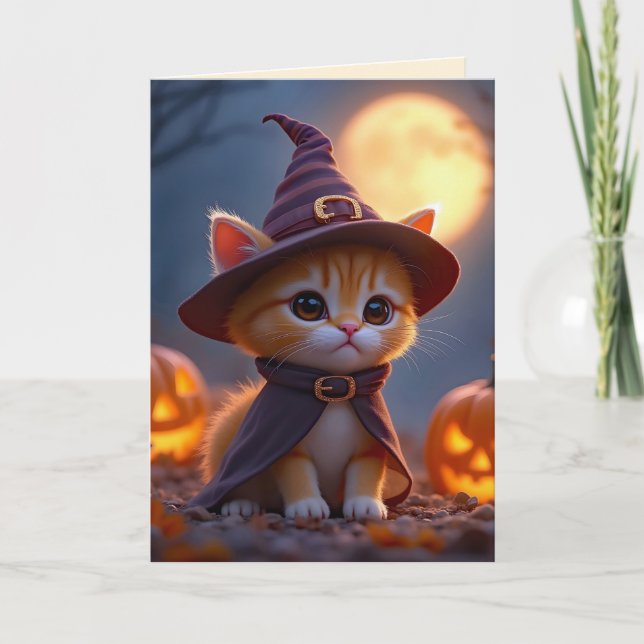 Cute kattunge i en häxkostym, Halloween Kort (Framsida)