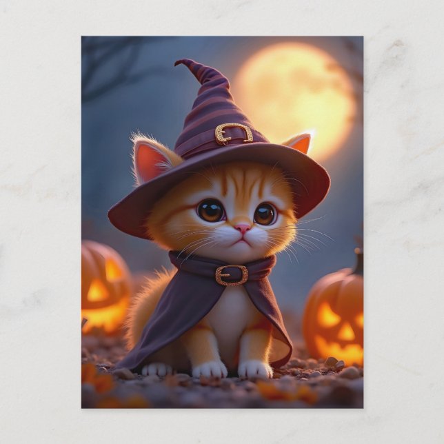 Cute kattunge i en häxkostym, Halloween Vykort (Framsida)