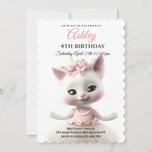Cute Kattunge i rosa klänning Inbjudningar (Framsida)