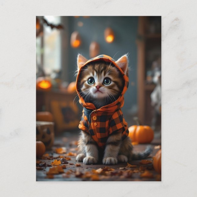 Cute kattunge i svart och orange jackar på Hallowe Vykort (Framsida)