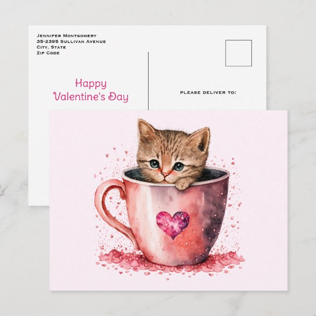 Cute Kattunge i Tekopp med Hearts Alla hjärtans da Helg Vykort (Fram/baksida)