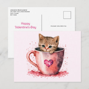 Cute Kattunge i Tekopp med Hearts Alla hjärtans da Helg Vykort