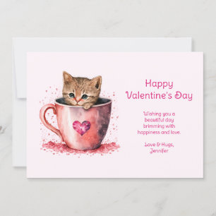Cute Kattunge i Tekopp med Hearts Alla hjärtans da Julkort