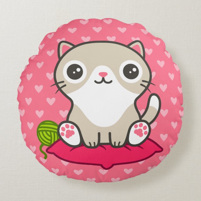 Cute Kattunge Illustration Rund Kudde (Framsidan)