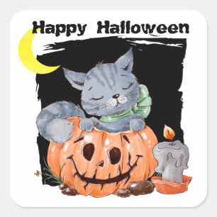 Cute Kattunge Jack o'Lantern Kids Halloween Fyrkantigt Klistermärke