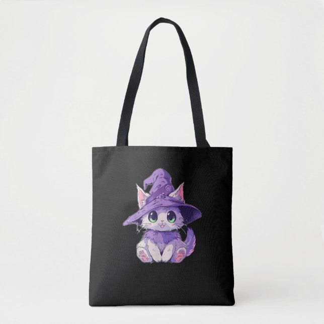 Cute Kattunge Kitten i Witch Hat Girls Halloween Tygkasse (Framsida)