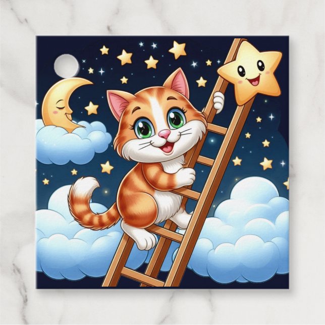 Cute Kattunge Klibs Ladder till Måne Gåvor Etiketter (Framsida)