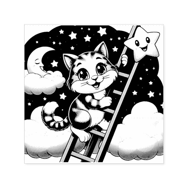 Cute Kattunge Klibs Ladder till Måne Självfärgande Stämpel (Design)