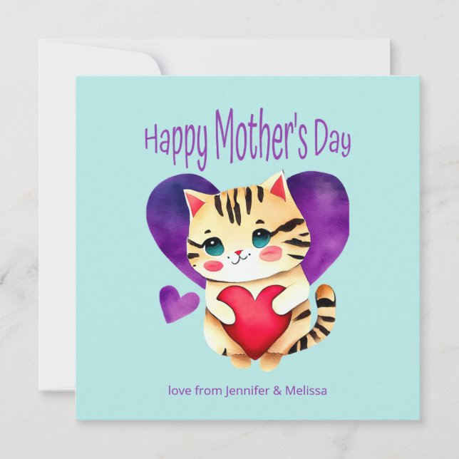 Cute Kattunge Lila Red Heart Mors dag Card (Framsida)