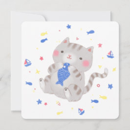 Cute Kattunge med Fish i sommarillustration Inbjudningar